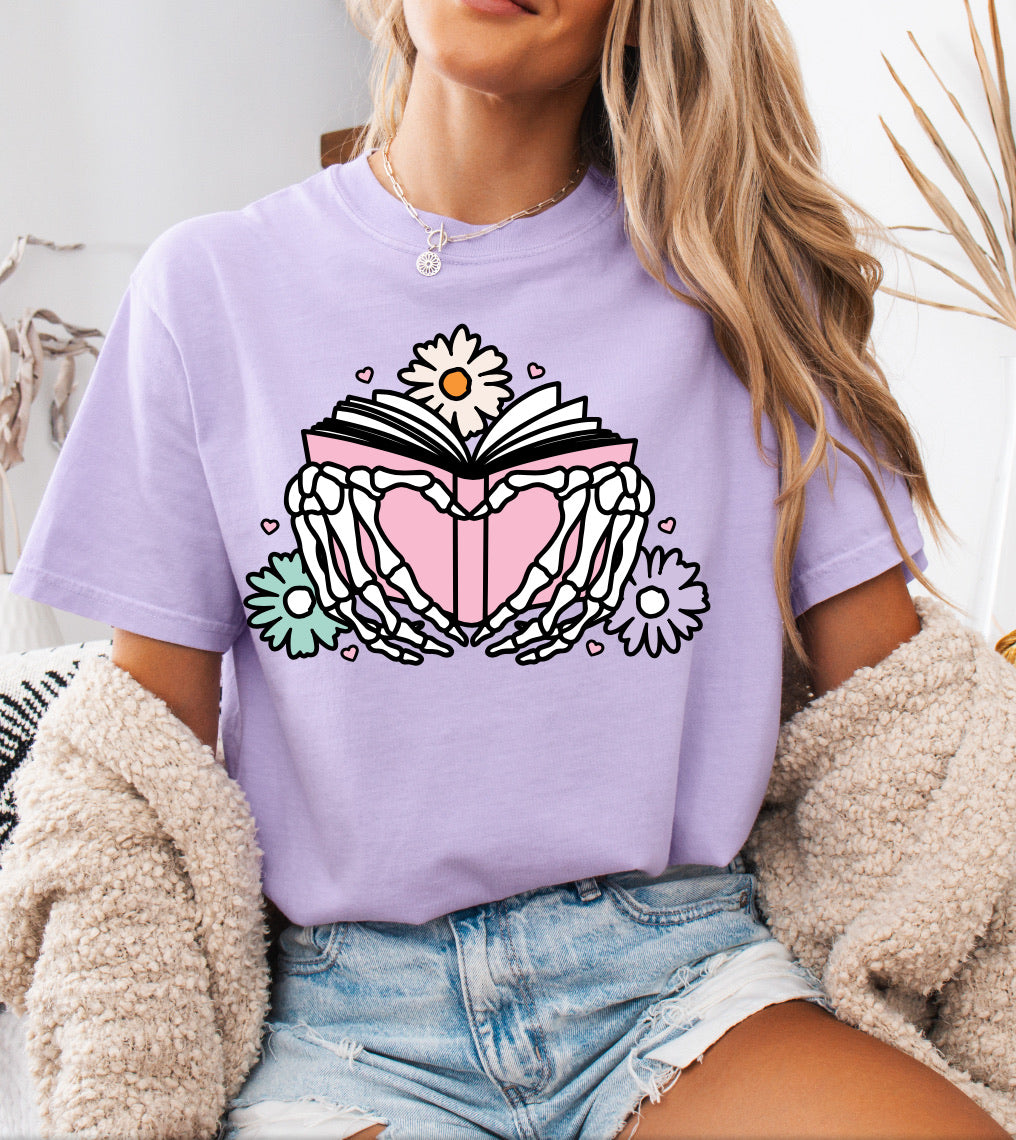 Floral Book with Skeleton Heart, Book Lovers Comfort Colors shirt
