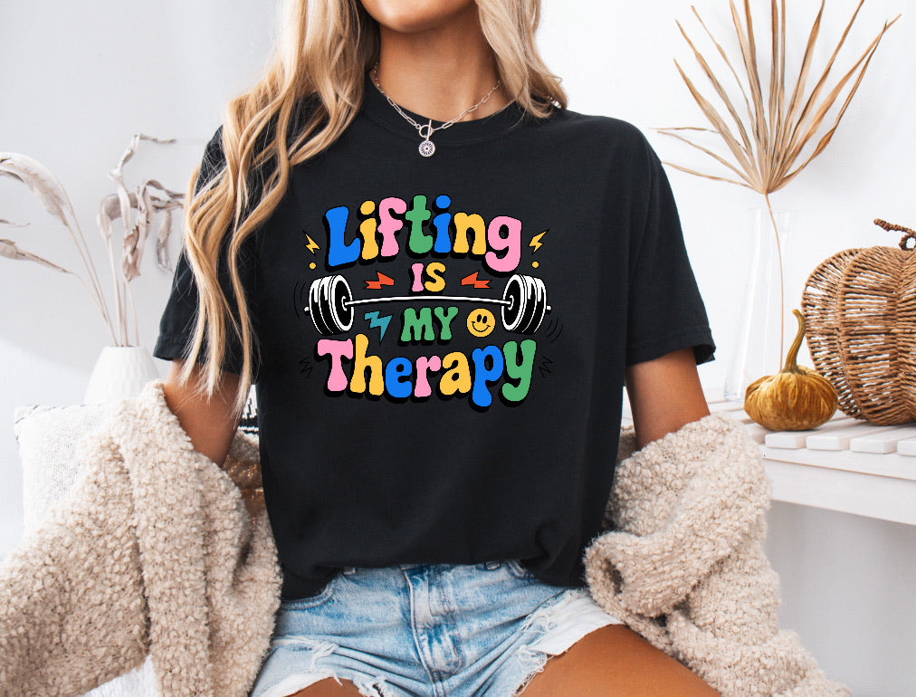 Colorful 'Lifting Is My Therapy' Shirt – Motivational & Comfortable Comfort Colors Tee for Fitness Enthusiasts