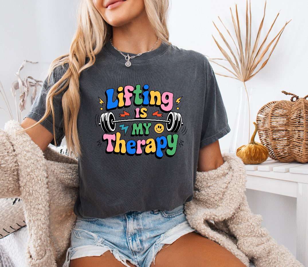 Colorful 'Lifting Is My Therapy' Shirt – Motivational & Comfortable Comfort Colors Tee for Fitness Enthusiasts