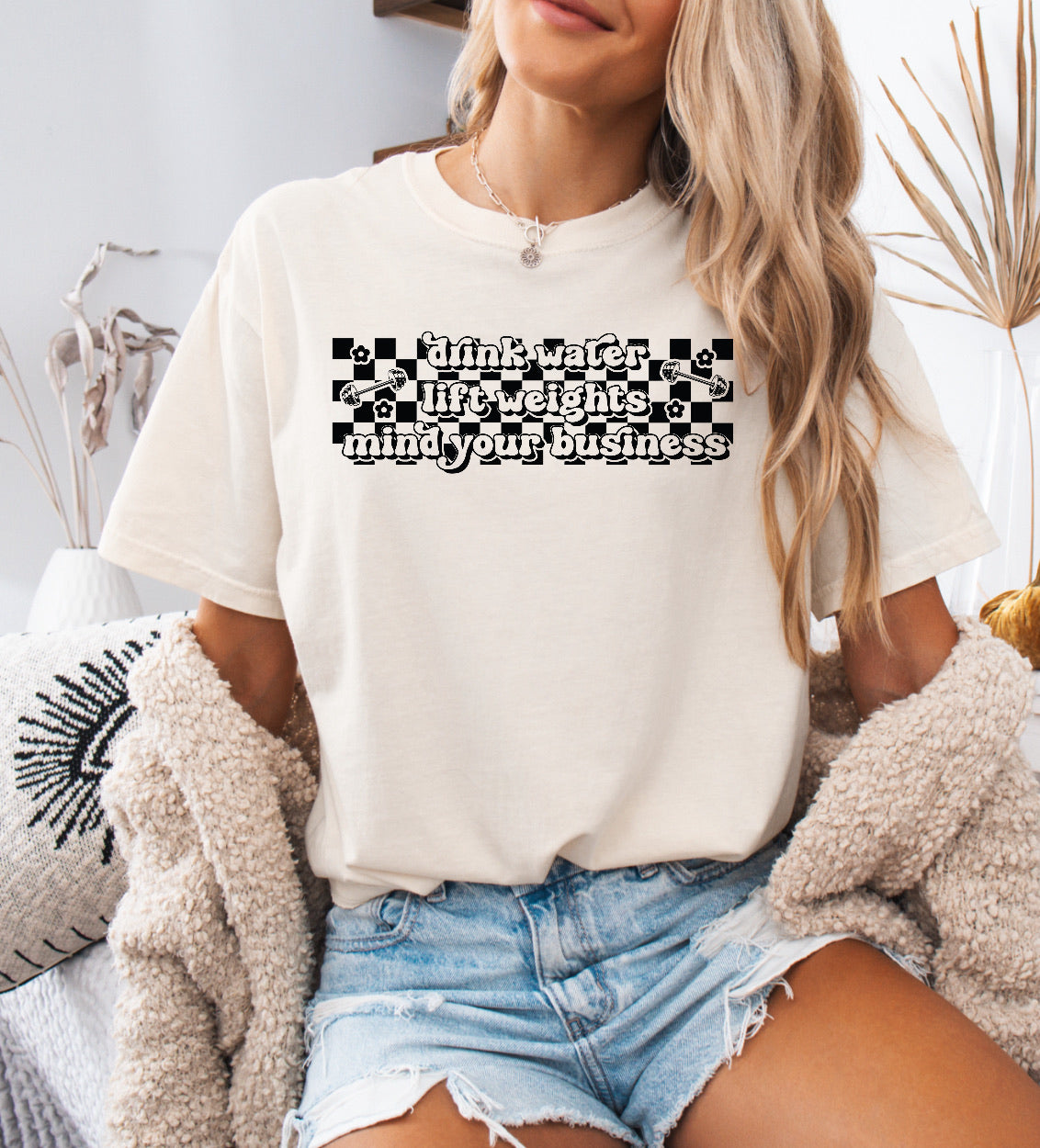 Checkered Drink Water, Lift Weights, Mind Your Business Shirt – Motivational & Comfortable Comfort Colors Tee for Fitness Lovers