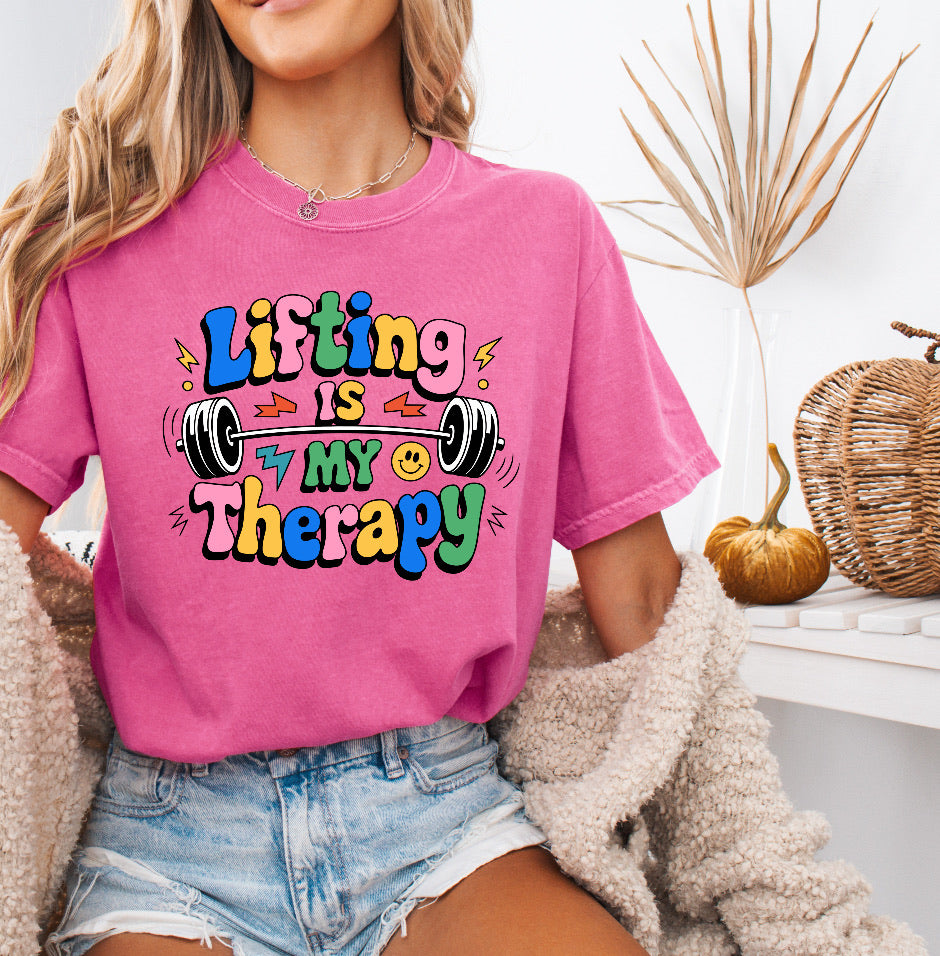 Colorful 'Lifting Is My Therapy' Shirt – Motivational & Comfortable Comfort Colors Tee for Fitness Enthusiasts