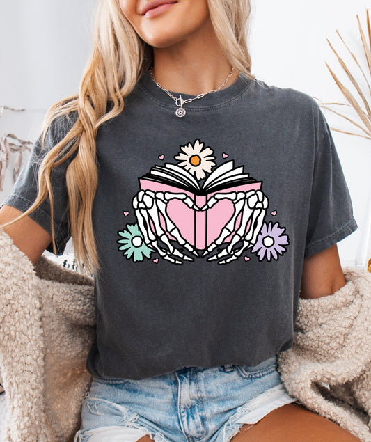 Floral Book with Skeleton Heart, Book Lovers Comfort Colors shirt
