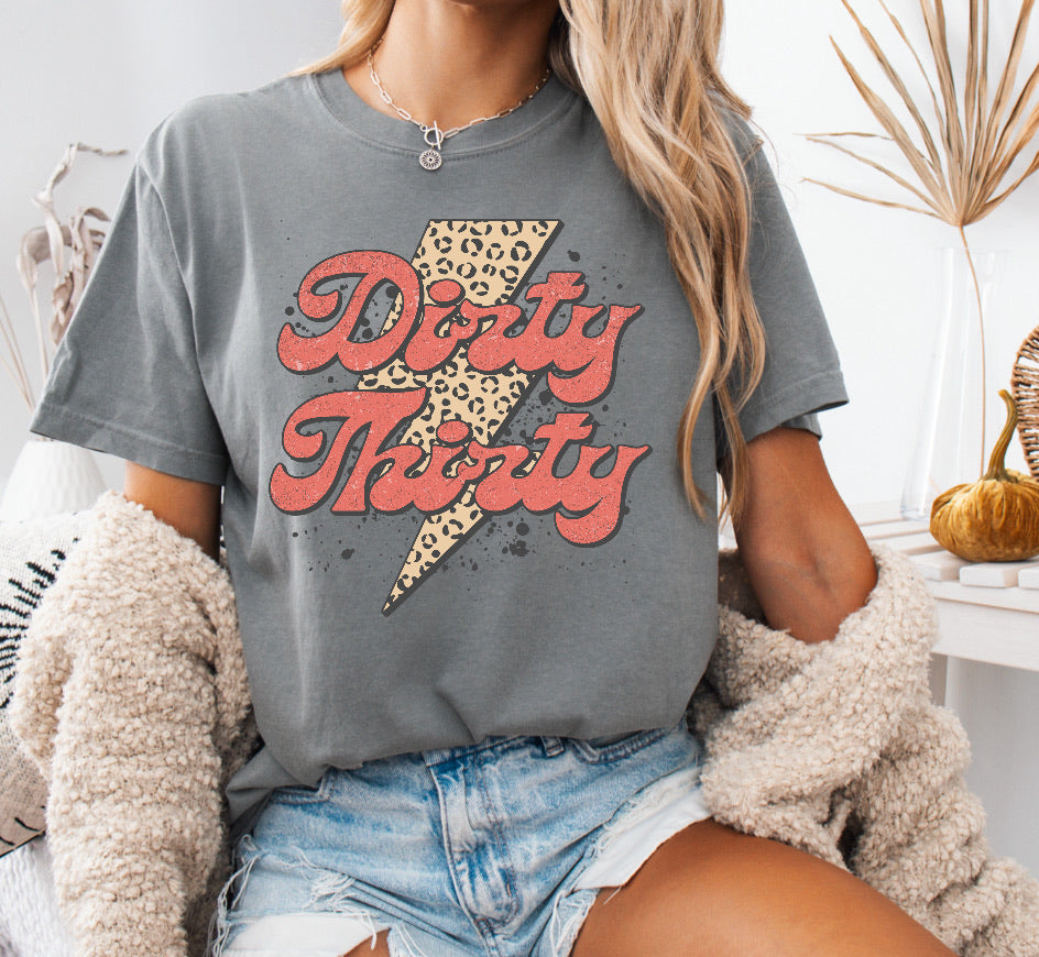 Dirty Thirty Cheetah Lightning Bolt 30th Birthday Shirt – Comfort Colors