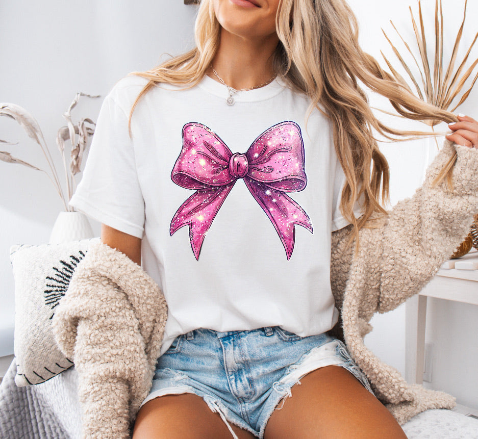 Glitter Pink Bow Shirt – Comfort Colors