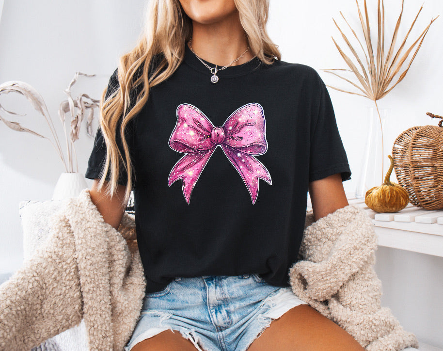 Glitter Pink Bow Shirt – Comfort Colors