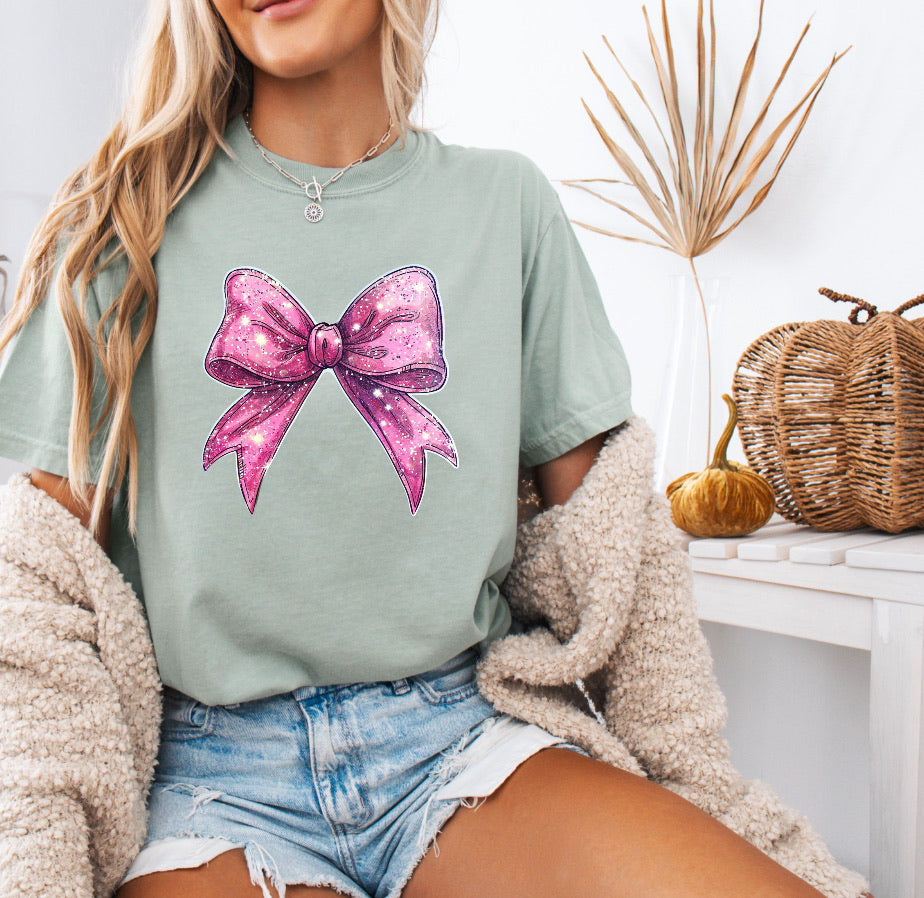 Glitter Pink Bow Shirt – Comfort Colors