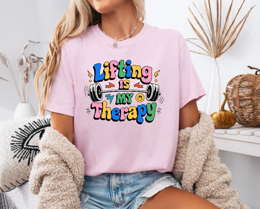Colorful 'Lifting Is My Therapy' Shirt – Motivational & Comfortable Comfort Colors Tee for Fitness Enthusiasts