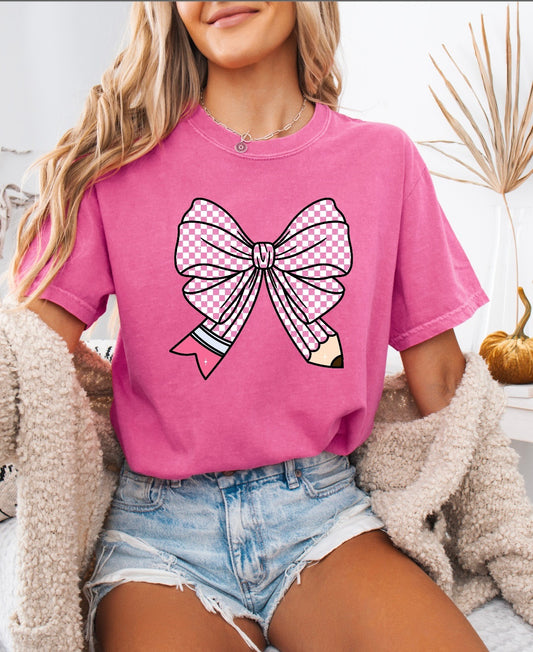 Pink Checkered Pencil Bow Teacher Shirt – Comfort Colors