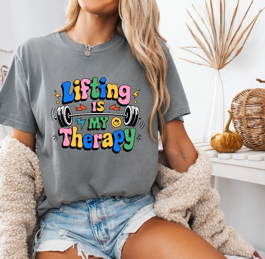 Colorful 'Lifting Is My Therapy' Shirt – Motivational & Comfortable Comfort Colors Tee for Fitness Enthusiasts