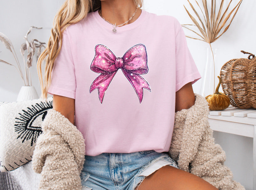 Glitter Pink Bow Shirt – Comfort Colors