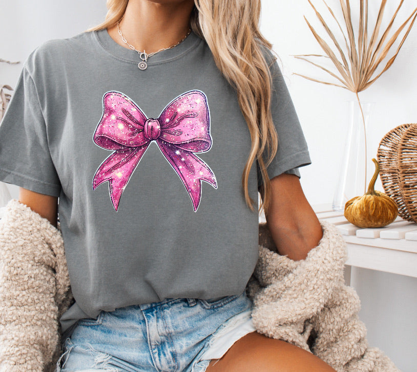 Glitter Pink Bow Shirt – Comfort Colors